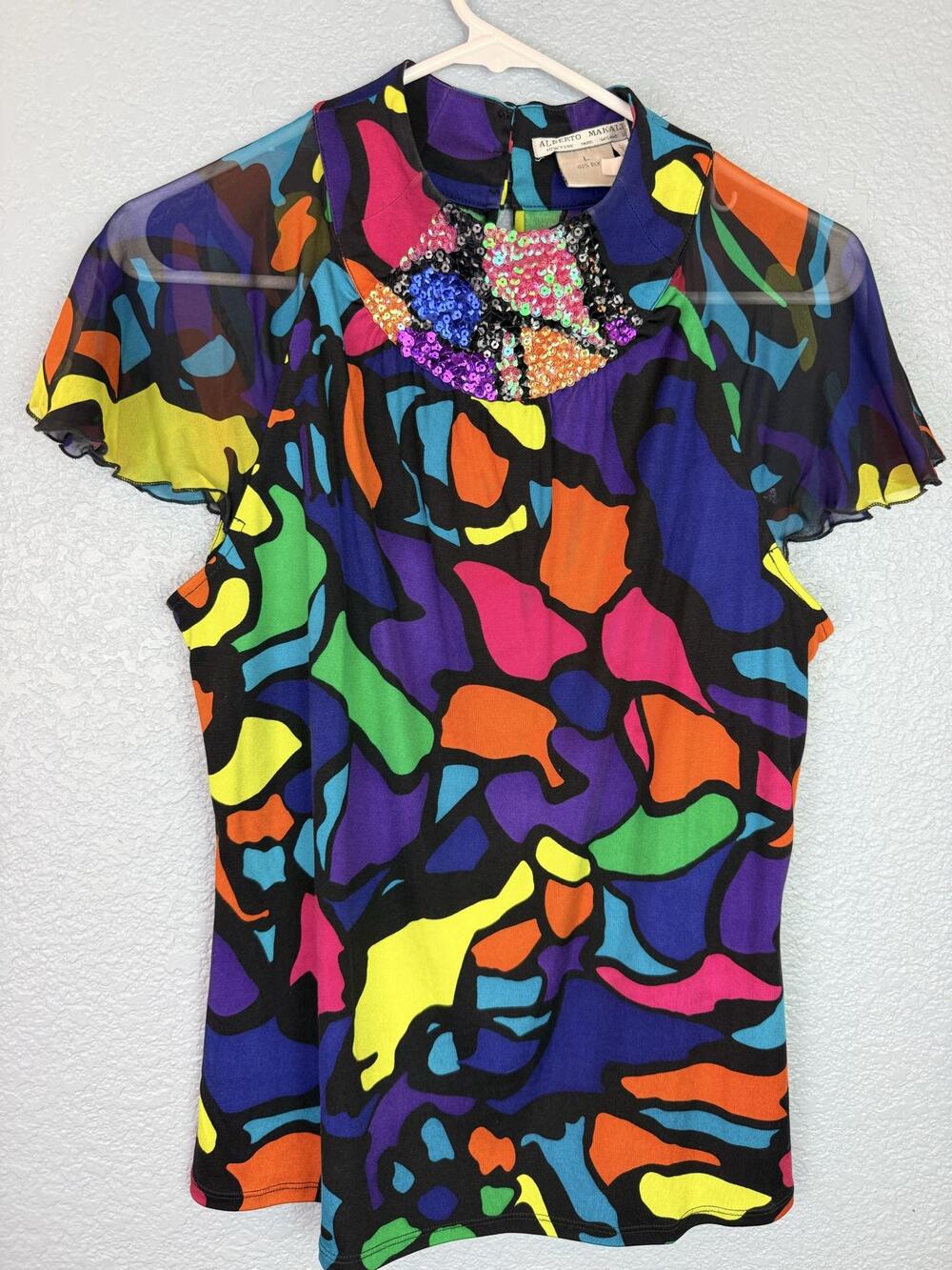 Alberto Makali Blouse Womens Large Multicolor Abstract Silk Sequin Beaded Top